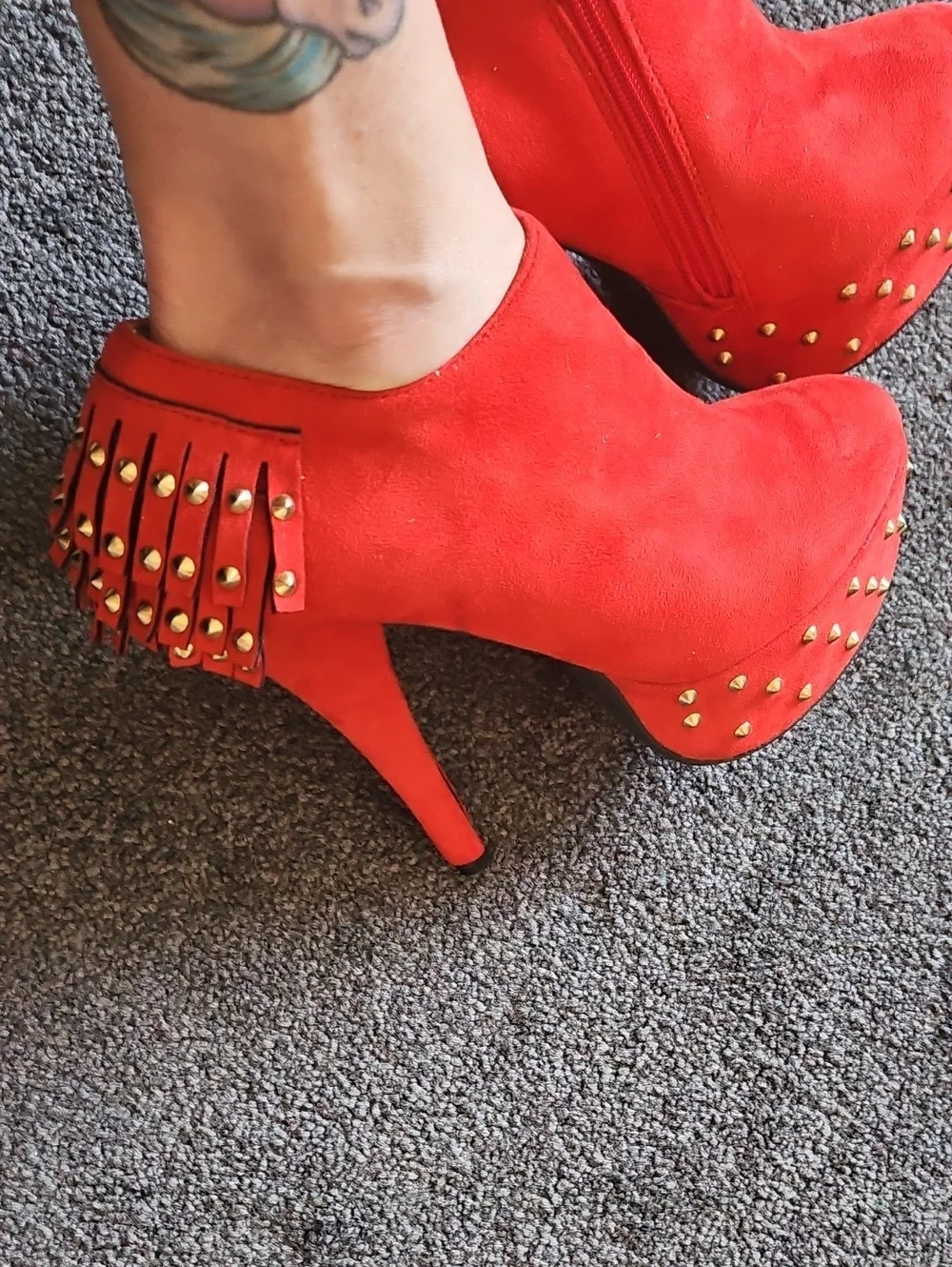 Red Studded Fringe Platform Ankle Heels - Women